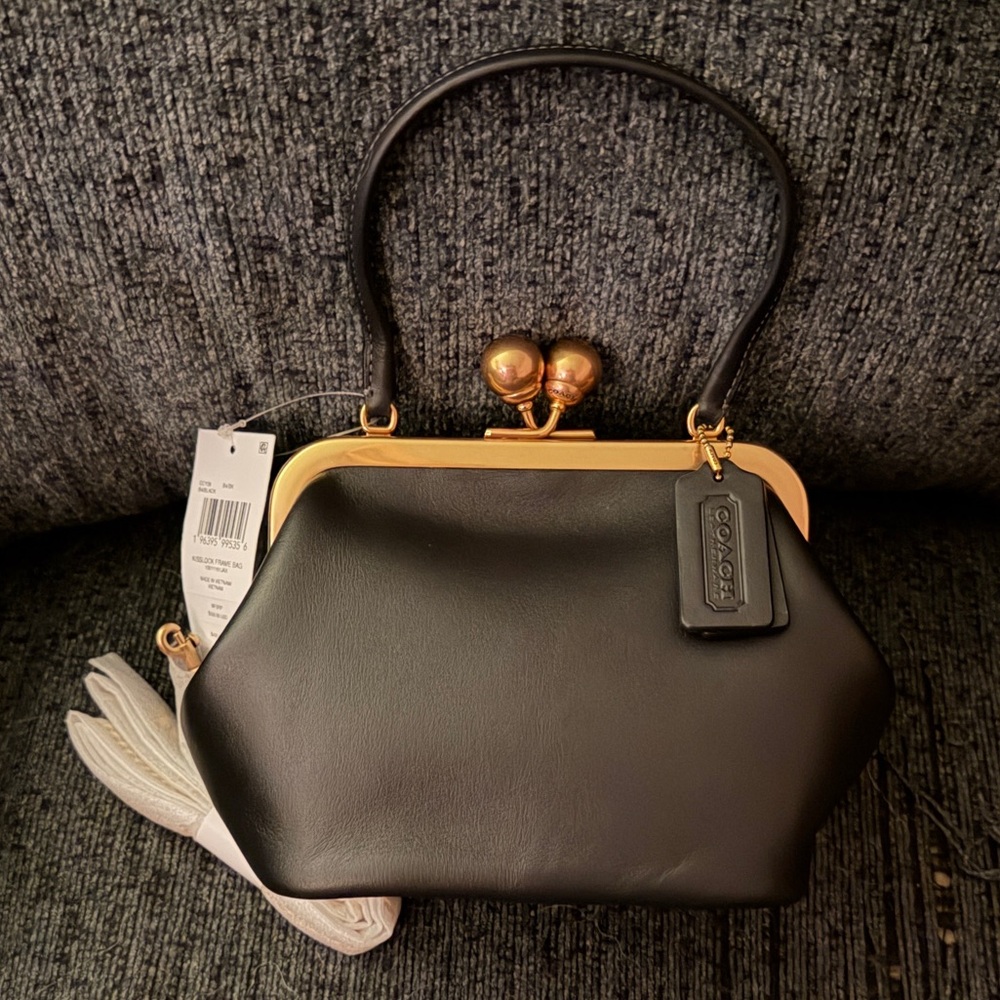 Coach Kisslock Frame Bag 16 V2 w/ 2 Straps Brass/Black Glovetanned Leather NWT - Picture 9 of 16
